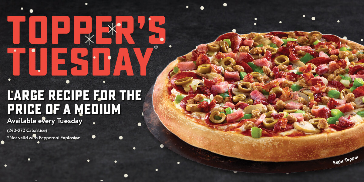 Every Tuesday is Pizza night with Topper's. Get a Large Recipe pizza for the price of a medium every Tuesday