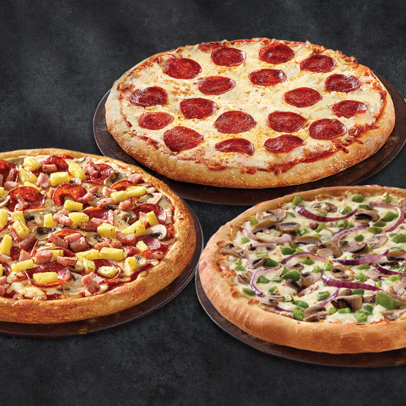 Order three medium pizzas, with 8 toppings combined.