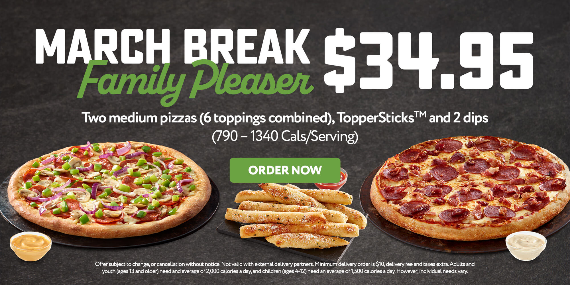 Family pleaser - two medium pizzas(6 toppings combined) + TopperSticks + 2 dips